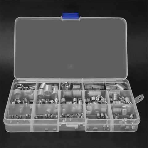 Stainless Steel Wire Thread Insert Kit M3 For Damaged Hole Repair, 120-Piece Tool Set With Storage Box, Durable, High-Performance Thread Formation For Auto, Home, Machinery And Metalworking Projects. clear storage box with M3 stainless steel wire thread inserts