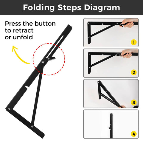 Folding steps diagram for Solid 16 Inch Folding Shelf Brackets 2 Pack Wall Mounted Space Saving Desk Supports Heavy Duty Steel.
