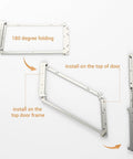 Top Notch Concealed Bifold Barn Door Hardware Kit With Slick Stainless Steel Track for 32 Inch openings showing 180 degree pivot bracket details.