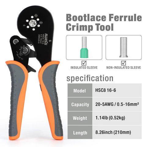Self Adjusting Crimping Pliers For AWG 20 To 5 Bootlace End Sleeves And Ferrule Pro Grade Wire Crimp Tool With specifications.