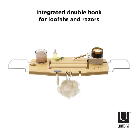 Aquala Extendable Bathtub Tray Caddy With Book Stand And Wine Glass Holder Phone Stand Foldaway Bar For Books Or Tablets Razor Loofah Scrubber Hooks Natural Finish with integrated double hook shown.