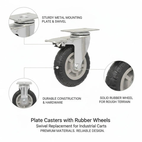 Heavy Duty Swivel Plate Caster Wheel With Standard Mount Bracket For Rough Terrain Replacement On Industrial Carts And Dollies Single Pack showing sturdy metal plate and rubber wheel design.