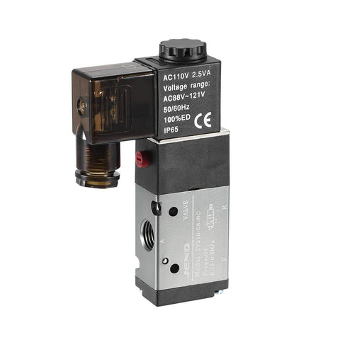 Three Way Two Position Pro Grade Pneumatic Solenoid Valve 110 Volt AC With One Quarter Inch PT Thread Inlet Outlet Normally Closed