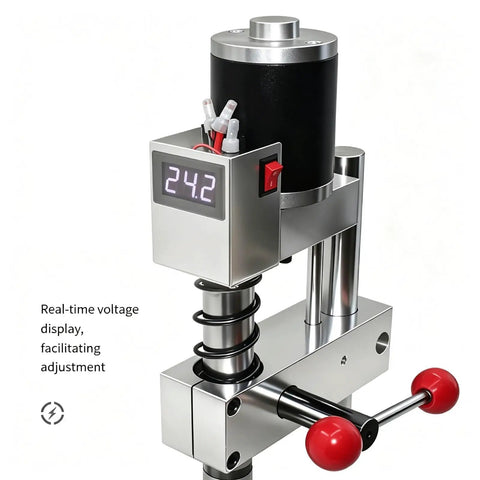 Badass Mini Bench Drill Press Kit With Smooth 24 Volt Seven Speed shows digital display for voltage adjustment on metal build.