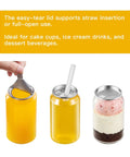 Clear 11oz Plastic Can Cups With Aluminum Lids For Automatic Seaming Machine, showcasing juice and dessert, leak proof design