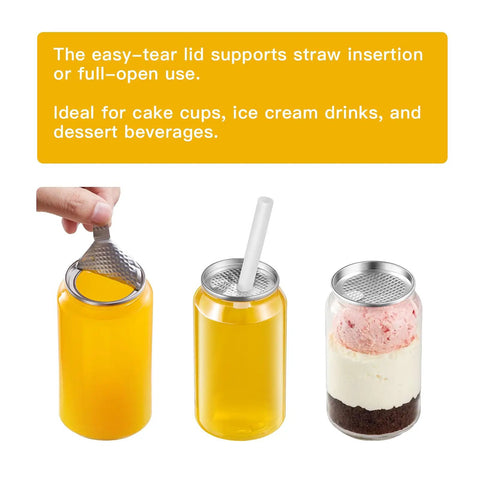 Clear 11oz Plastic Can Cups With Aluminum Lids For Automatic Seaming Machine, showcasing juice and dessert, leak proof design