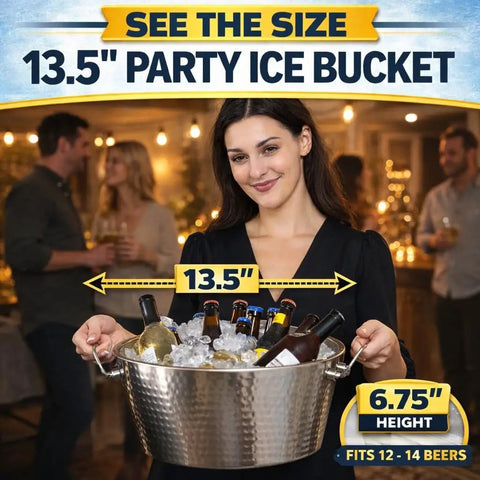 Woman holding a 13.5-inch hammered stainless steel beverage tub with ice and drinks, double-walled insulation, party setting.