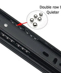 Heavy Duty Soft Close Drawer Slides With Full Extension Three Fold Side Hanging Ball Bearing Rails 550mm 22 Inch Black Built To Last Cold Rolled Steel For Dresser And Cabinets close-up with double row ball bearings.