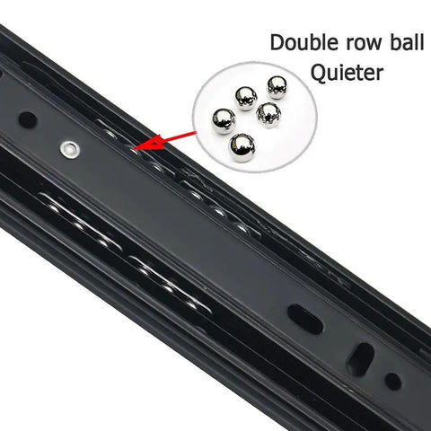 Heavy Duty Soft Close Drawer Slides With Full Extension Three Fold Side Hanging Ball Bearing Rails 550mm 22 Inch Black Built To Last Cold Rolled Steel For Dresser And Cabinets close-up with double row ball bearings.