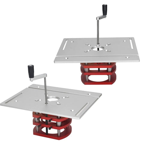 Top Shelf Router Lift Kit For Custom Woodworking Shops Featuring Slick Manual Crank Handle And Dead Precise Height Adjustment Tough aluminum insert plate with crank handle.