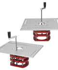 Tough As Nails Manual Router Lift Table With Dead Nuts Precise Crank Adjustment And Knockout Aluminum Build For A Seamless Table Saw Insert Upgrade. Silver and red manual router lift with crank handle.