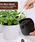 Woman using coffee grounds from Knock Box For Coffee Grounds 4.4 Inch With Removable Knock Bar And Non Slip Base