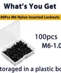 M6 Nylon Insert Lock Nuts Premium Carbon Steel Hex Fasteners For Patio Furniture And DIY Projects Built Tough With No Slip Seal Heavy Duty Hardware Bulk Pack Of 100 Pieces in a plastic box.