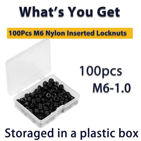 M6 Nylon Insert Lock Nuts Premium Carbon Steel Hex Fasteners For Patio Furniture And DIY Projects Built Tough With No Slip Seal Heavy Duty Hardware Bulk Pack Of 100 Pieces in a plastic box.