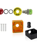 Red IP65 Waterproof Emergency Stop Push Button Switch With 1 NO 1 NC Contacts, DPST Constricting Action, components and housing.