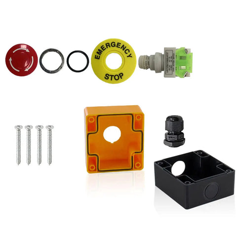 Red IP65 Waterproof Emergency Stop Push Button Switch With 1 NO 1 NC Contacts, DPST Constricting Action, components and housing.
