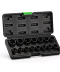 15 Piece Half Inch Drive Metric Low Profile Stubby Impact Socket Set 10mm Through 24mm 6 Point CrMo in open case