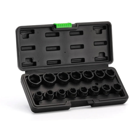 15 Piece Half Inch Drive Metric Low Profile Stubby Impact Socket Set 10mm Through 24mm 6 Point CrMo in open case