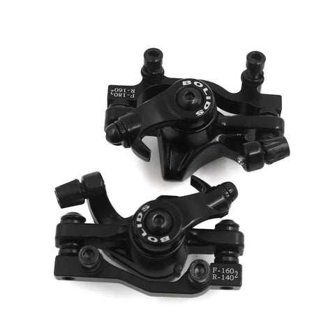 Heavy Duty Mechanical Disc Brake Two Piece Kit with black caliper pads suitable for mountain and road bikes, angled view.
