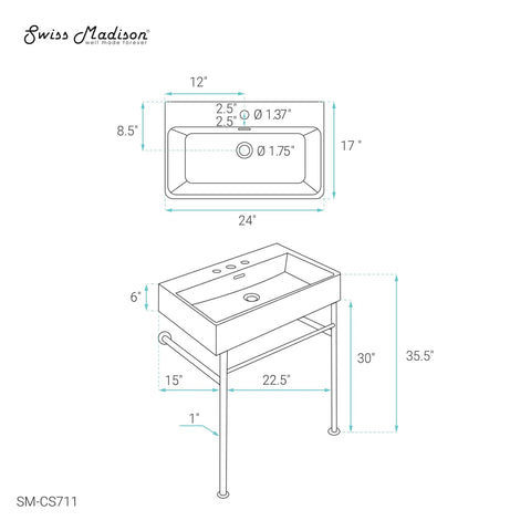 Technical diagram of Claire 24 Inch Ceramic Console Sink With Glossy White Basin, showing dimensions and faucet hole details.