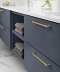 Champagne Bronze Cabinet Pull From Blackrock Collection For Cabinets And Furniture With 11 Inch Overall Length And About 10 Inch Center To Center Mounting By Amerock installed on blue drawers