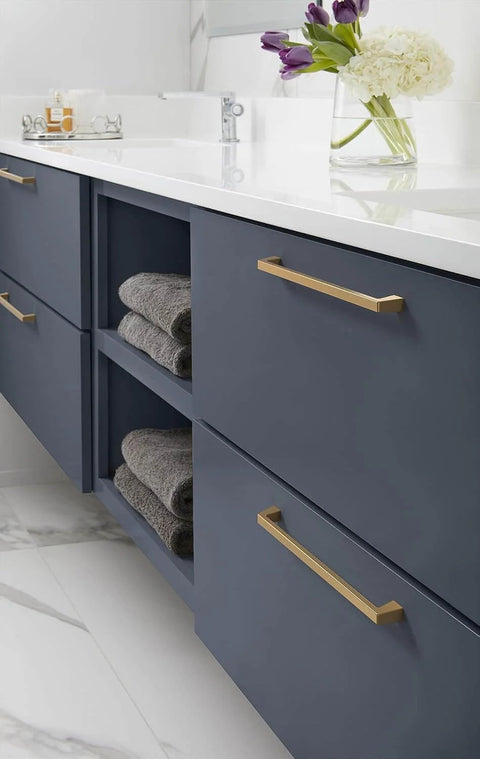 Champagne Bronze Cabinet Pull From Blackrock Collection For Cabinets And Furniture With 11 Inch Overall Length And About 10 Inch Center To Center Mounting By Amerock installed on blue drawers
