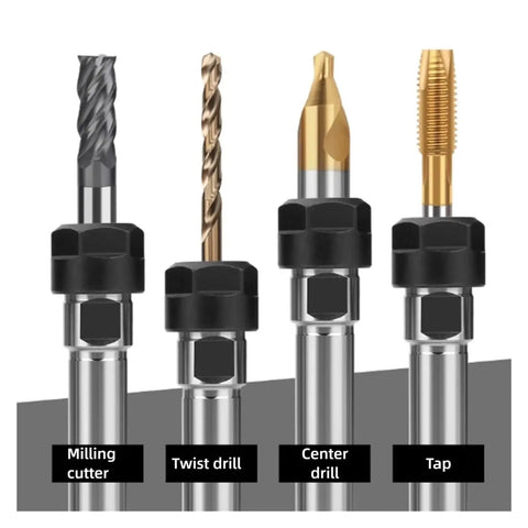 Heavy Duty Er Collet Extension Rod For Milling Machine And Lathe Pro Grade Precision Threading, featuring milling, twist drill, center drill, and tap heads.