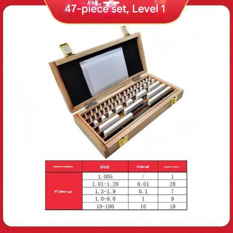 Dead On Accuracy 47 Piece Ceramic Gauge Block Set Grade 1 Calibration Tools For Micrometer And Caliper Inspection in wooden case.