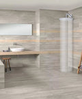 Modern bathroom with 16 Inch Round Stainless Steel Rain Shower Head With High Pressure Chrome Finish, wall-mounted for spa-like rainfall.