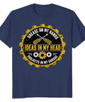 Fresh Fit American Made Cotton DIY Engineer Shirt For Your Next Garage Haul With Grease Hands And Gear Doodle Graphic Tee Gift For Makers in navy blue with graphic design.
