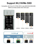 Killer Dual Bay M.2 NVMe RAID Enclosure showing compatibility with various M.2 NVMe SSD sizes 2230, 2242, 2260, 2280.