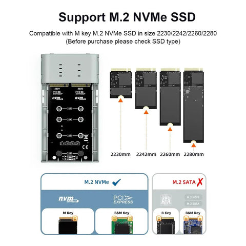 Killer Dual Bay M.2 NVMe RAID Enclosure showing compatibility with various M.2 NVMe SSD sizes 2230, 2242, 2260, 2280.