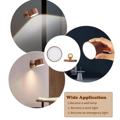 Solid Wood Wall Sconce Lamp With Magnetic 360 Degree Rotation, Cordless Rechargeable LED, Sapele Wood, multiple uses displayed