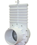 Valterra 6-inch PVC gate valve with slip hub fittings; white plastic body and metal T-handle.