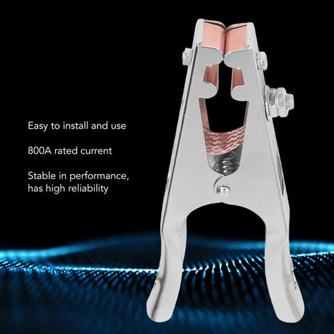 Heavy Duty 800A Earth Clamp For Welding Jobs With Copper Jaw Grip, Industrial Grade Ground Cable Connector, close-up view.