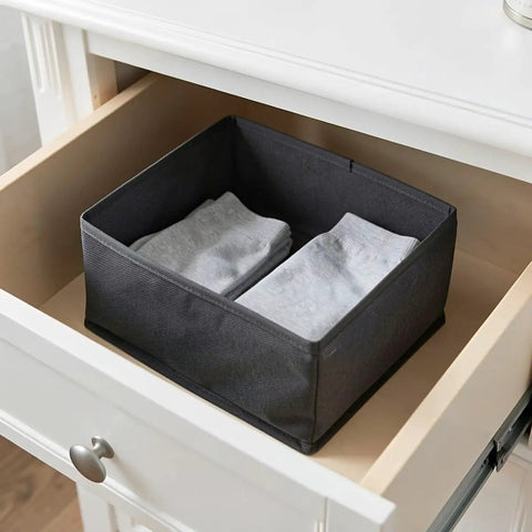 Super Sturdy Foldable Drawer Clothing Organizer Set Eight Piece Gray Fabric Wardrobe Dividers with organized gray socks in drawer.