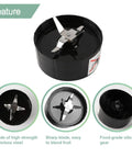 4 Piece Blender Replacement Set For 250W Blenders Including 22oz Tall Mug, 16oz Cup, 12oz Short Cup And Cross Blade Compatible With MB1001 Series BPA Free Plastic And Stainless Steel Parts Dishwasher Safe Easy Install No Fuss showing cross blade and features like high strength stainless steel and food-grade silicone gear