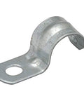 One-Hole EMT Conduit Strap One Half Inch Trade Size Steel Zinc Plated for Rust Proof Mounting, push-on strap close-up view.