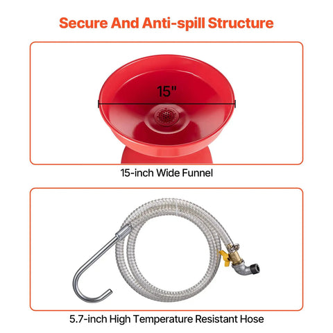 15-inch funnel and 5.7-inch hose of 20 Gallon Waste Oil Drain Tank Air Operated Portable Drainer With Adjustable Funnel Height And Four Wheels