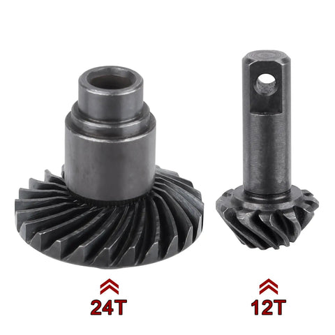 Steel 12T and 24T pinion gear set for TRX4M front and rear axles, shown with helical design and labels