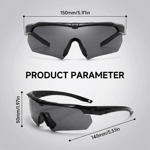 Outdoor Safety Shooting Glasses Anti Fog Tactical Goggles With 3 Interchangeable Lenses And Hard Case Lightweight Durable PC Frame Scratch Resistant All Day Comfort For Men And Women Khaki front and side view showing dimensions.