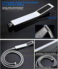 Top Shelf Ceiling Mounted Matte Black Shower System With A Straight Up Solid 23 By 31 Inch Stainless Steel Showerhead. Chrome shower hose and high-quality nozzles.
