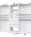 Hella Spacious Wood Closet System With Integrated Mirror Cabinet And Four Deep Storage Drawers Paired With Four Top Shelf Hanging Rods Plus Effortlessly Adjustable Shelves For Real Life Needs, 97x80x16 inches, white wood.