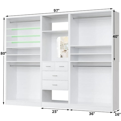 Hella Spacious Wood Closet System With Integrated Mirror Cabinet And Four Deep Storage Drawers Paired With Four Top Shelf Hanging Rods Plus Effortlessly Adjustable Shelves For Real Life Needs, 97x80x16 inches, white wood.