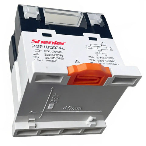 Pro Grade DIN Rail Power Relay 30A 277VAC 30VDC 1NO SPST, 24V DC Coil, LED Indicator, Screw Terminal, TS35 Mount, side view