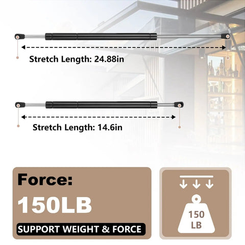 No Sweat 24 Inch Gas Struts 150 Lb Force Lift Supports displaying stretch lengths of 24.88in and 14.6in.