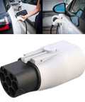 Heavy Duty Type Two To Type One Electric Charger Adapter SAE J1772 Converter in use, connecting EV with splash proof housing.