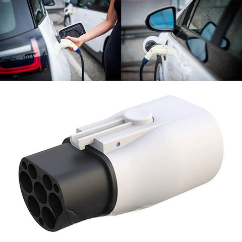 Heavy Duty Type Two To Type One Electric Charger Adapter SAE J1772 Converter in use, connecting EV with splash proof housing.