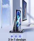 Desk Friendly Vertical Laptop Stand Dock 3 In 1 Holder For Laptop And Phone Or Tablet, adjustable width, black, side view
