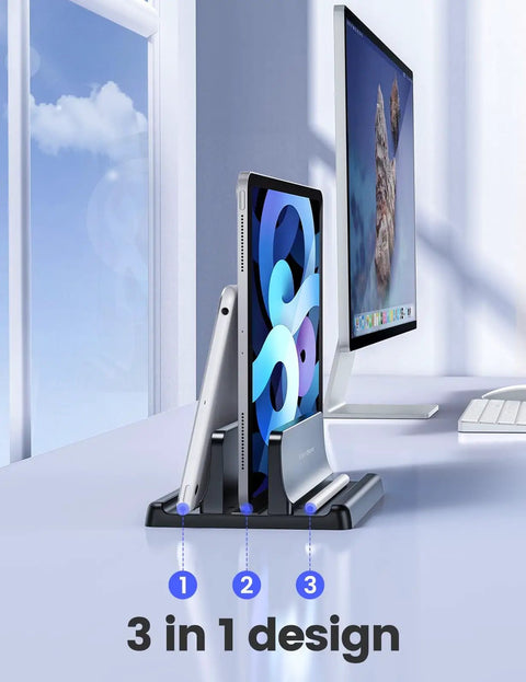 Desk Friendly Vertical Laptop Stand Dock 3 In 1 Holder For Laptop And Phone Or Tablet, adjustable width, black, side view